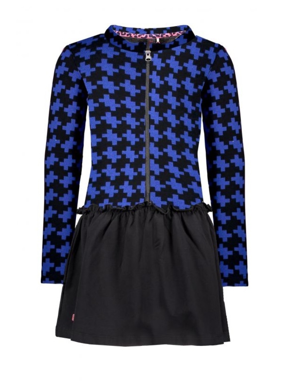 Girls' Blue & Black Houndstooth Zip-Front Casual Dress